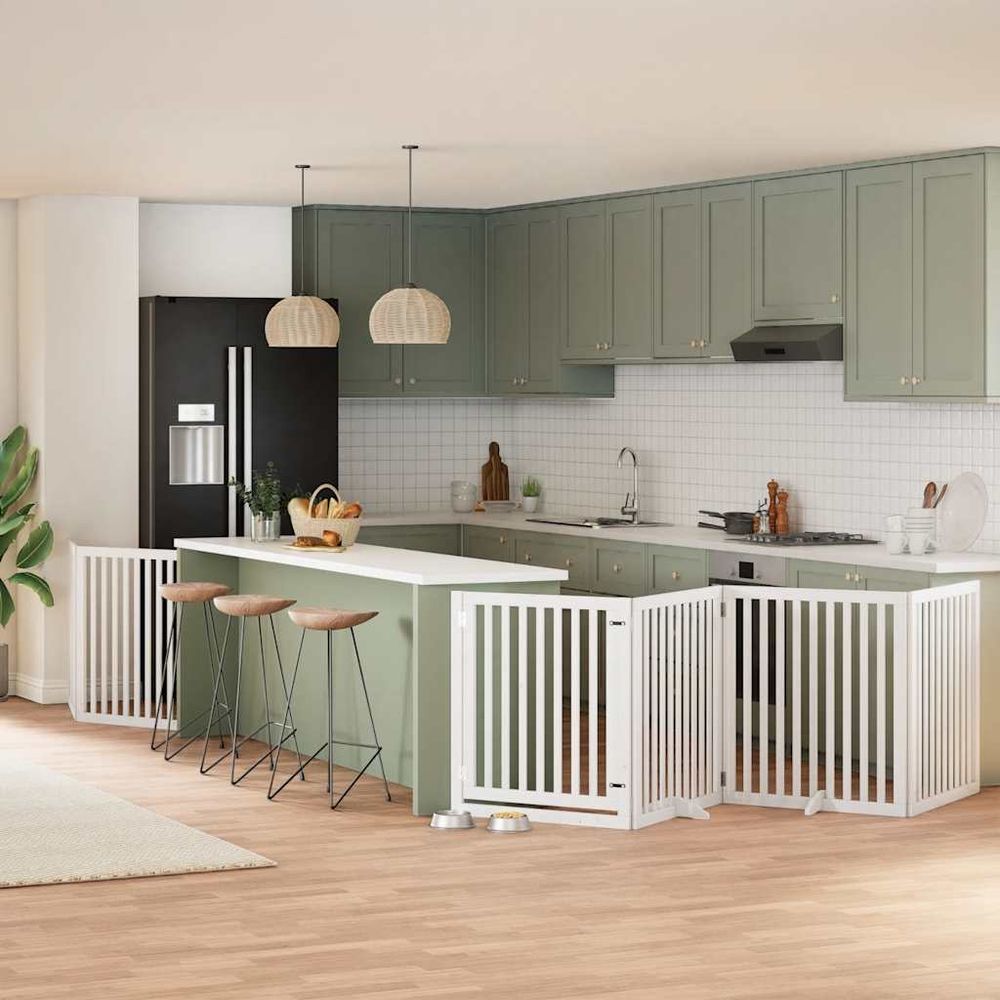 Parc pour chien intérieur 8 panneaux en bois blanc, barrière sécurité pliable 6.4m avec porte