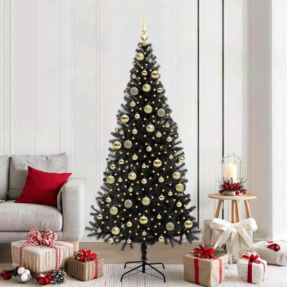 Sapin de fêtes artificiel noir 210 cm, décoration complète avec lumières et boules incluses