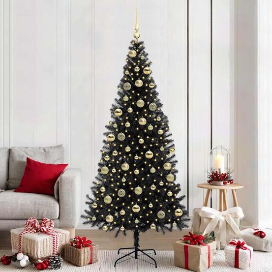 Sapin de fêtes artificiel noir 210 cm, décoration complète avec lumières et boules incluses