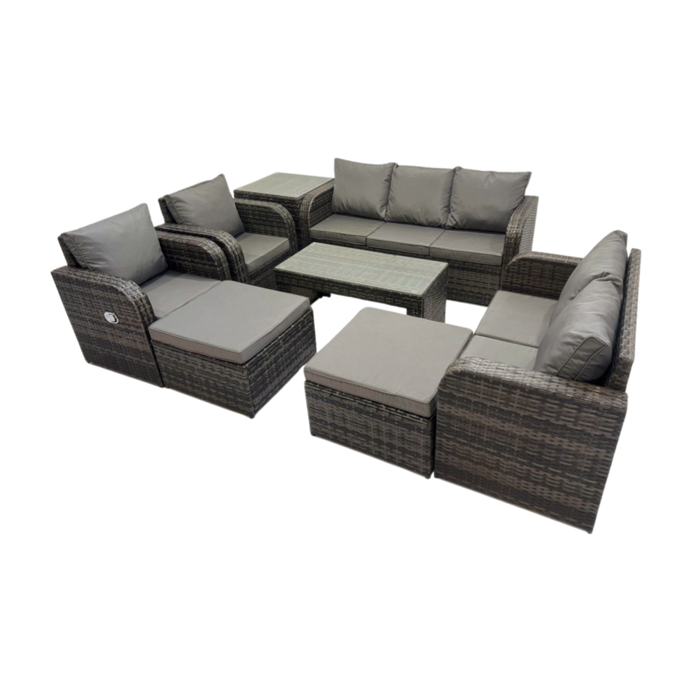 9 places salon de jardin exterieur ensemble de canapés en rotin avec table basse rectangulaire table d'appoint 2 grand tabourets