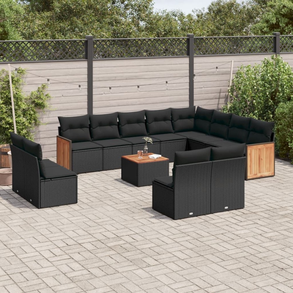 Salon de jardin avec coussins 13 pcs noir résine tressée