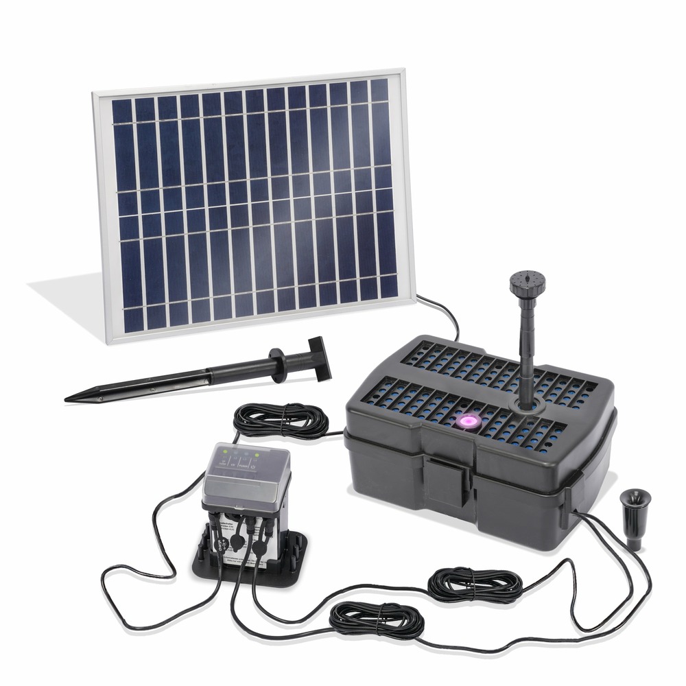Kit pompe bassin solaire avec batterie et filtre uv : jet d eau 800l - 12w