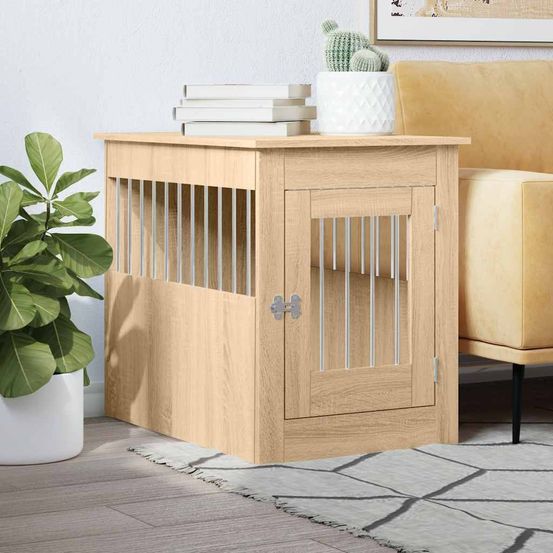 Meuble cage chien 2-en-1 bois et acier pour salon 55x80x68 cm chêne