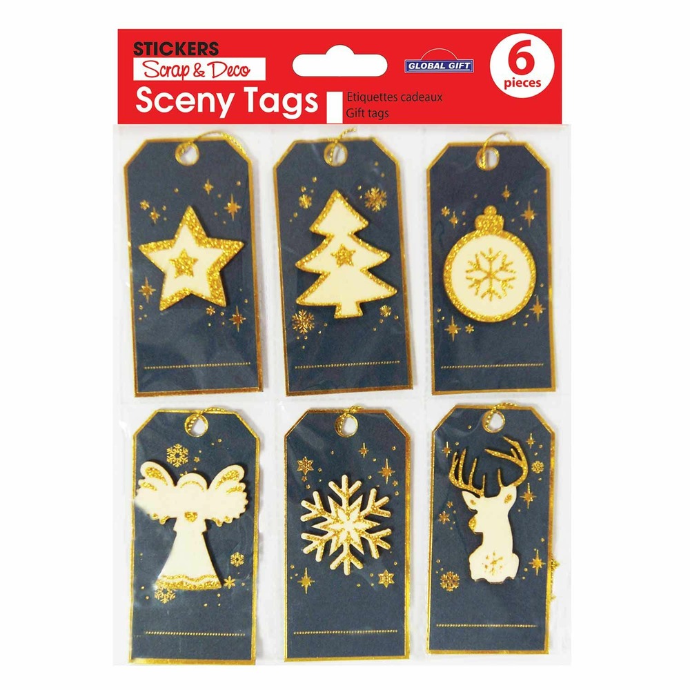 6 étiquettes cadeaux de noël - bleu et paillettes dorées
