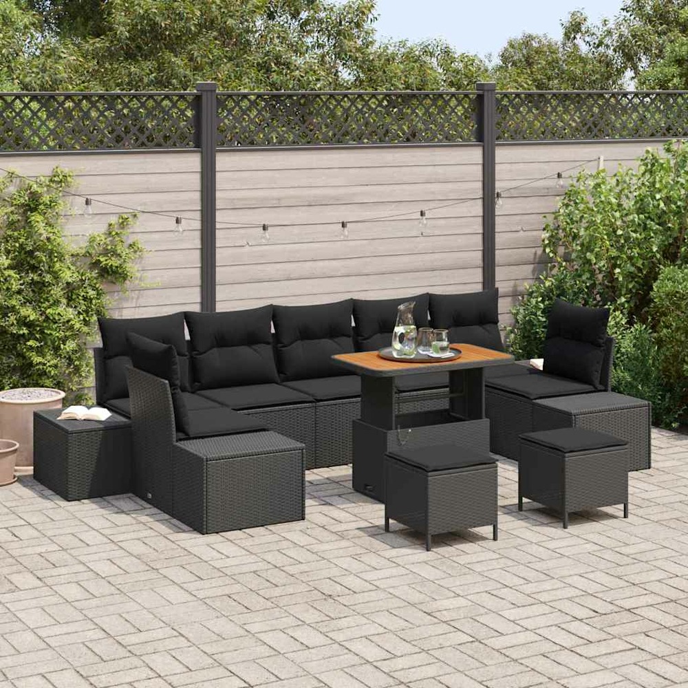 Ensemble de canapé de jardin avec coussin 10 pcs noir polyrotin