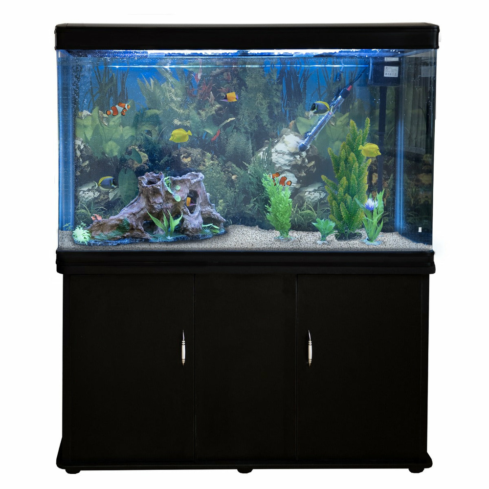 Aquarium à bords noir avec meuble noir et gravier blanc