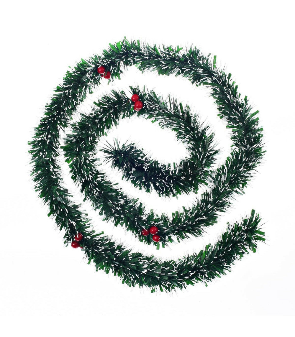 Guirlande de noël large 7.5 cm verte finition blanc et baies rouges l 2 mètres