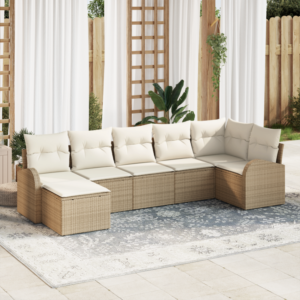 Ensemble de canapé de jardin 7 pièces avec coussins beige poly rattan