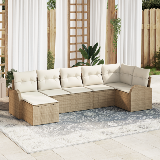 Ensemble de canapé de jardin 7 pièces avec coussins beige poly rattan