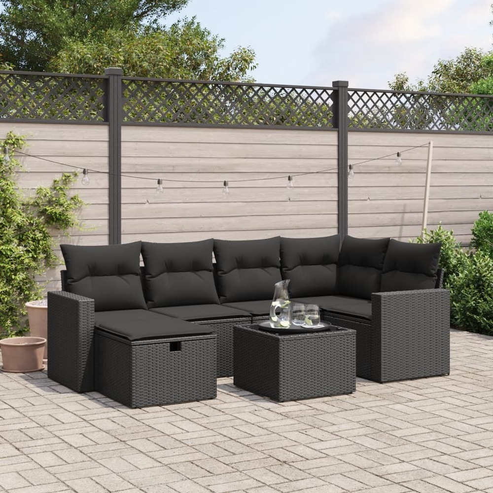 Salon de jardin 7 pcs avec coussins noir résine tressée