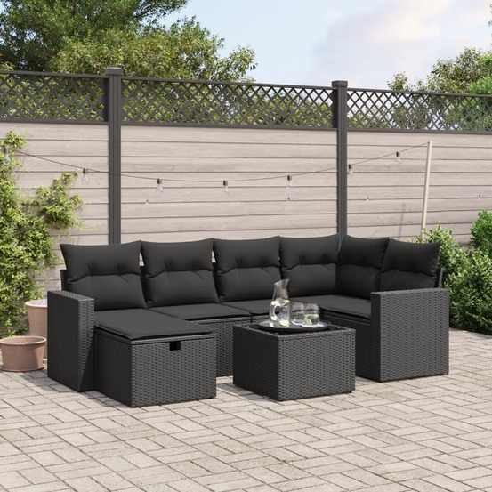 Salon de jardin 7 pcs avec coussins noir résine tressée
