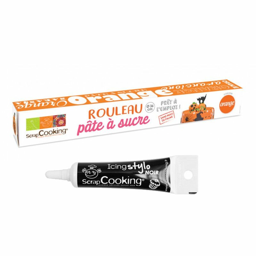 Pâte à sucre en rouleau orange ø 36 cm + stylo de glaçage noir