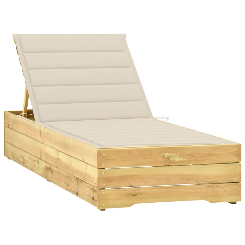Transat chaise longue bain de soleil lit de jardin terrasse meuble d'extérieur avec coussin crème bois de pin imprégné 02_001