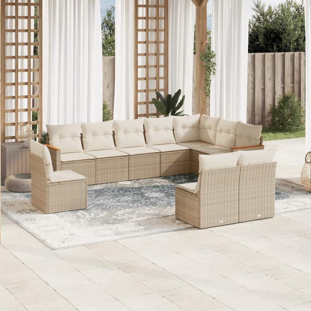 Salon de jardin avec coussins 10 pcs beige résine tressée