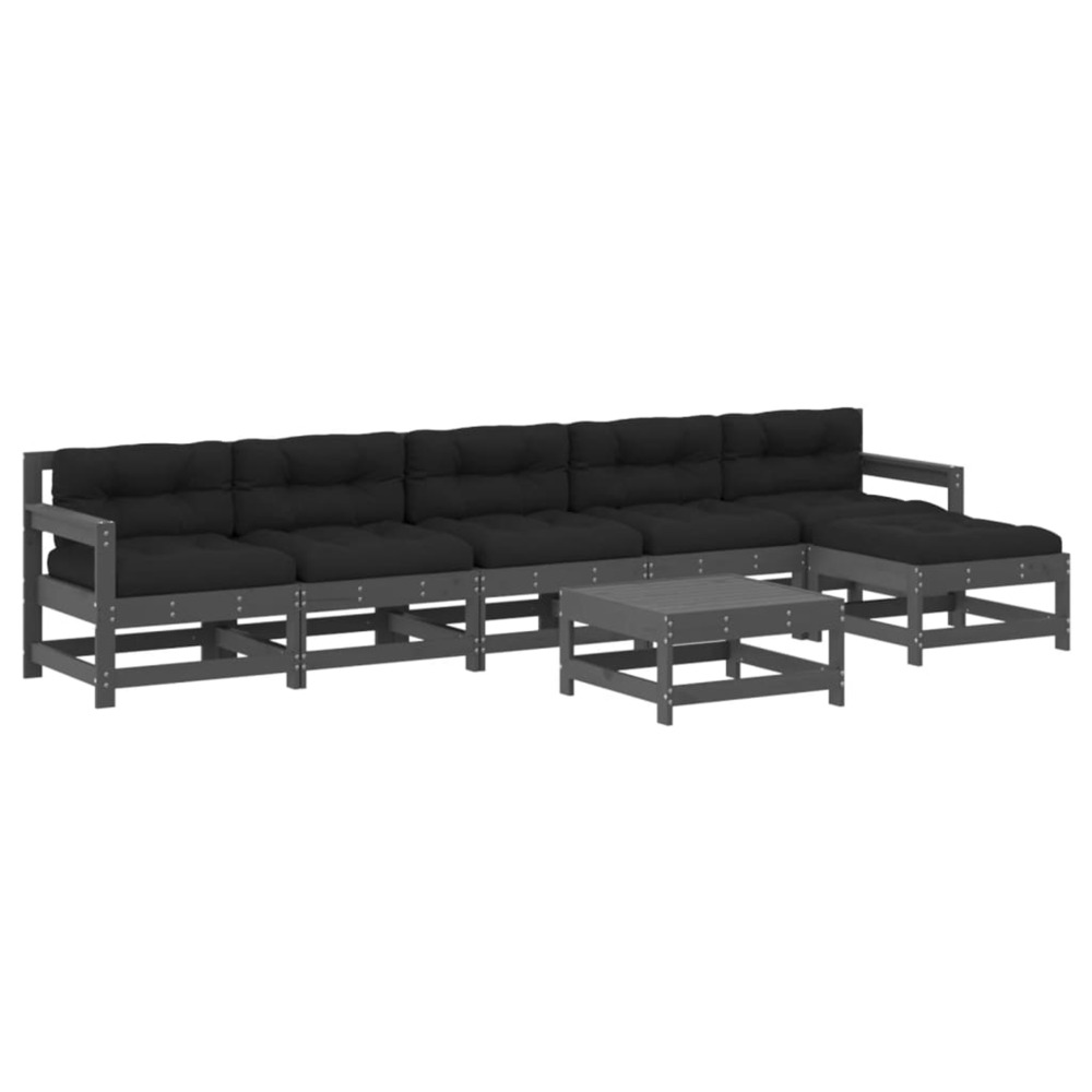 Salon de jardin 7 pcs avec coussins gris bois massif