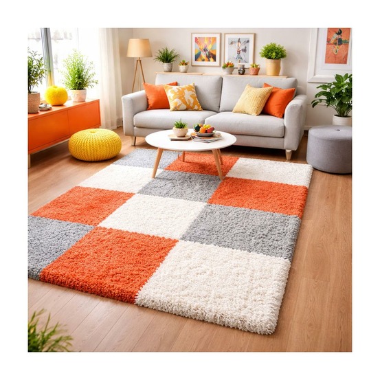 Tapis poils longs shaggy 120x170 rectangle tissé orange et gris motif damier