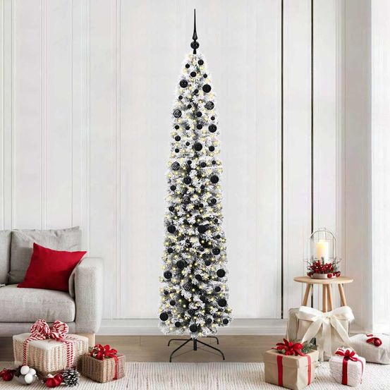 Sapin de noël artificiel vert 210cm avec guirlande 300 led et kit 120 boules rouges & or