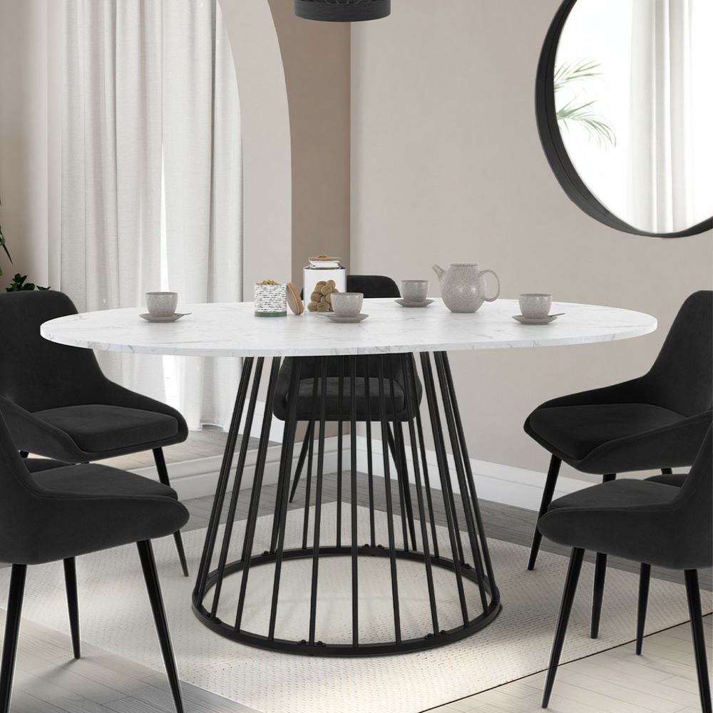 Table à manger extensible ronde yuna 4-8 personnes plateau effet marbre blanc alaska et noir 110 - 150 cm