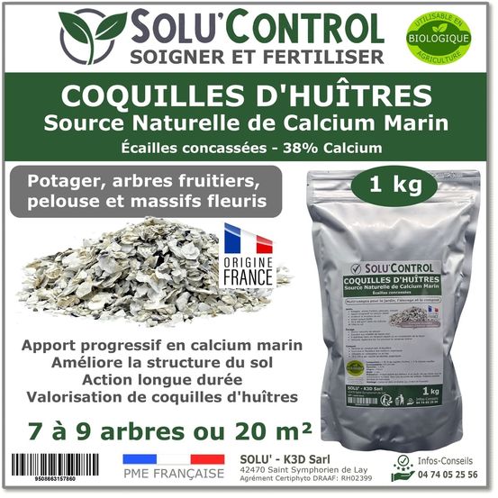 1 kg écailles de coquilles d'huîtres concassées 38% calcium - solu'control - apport ciblé de calcium marin naturel