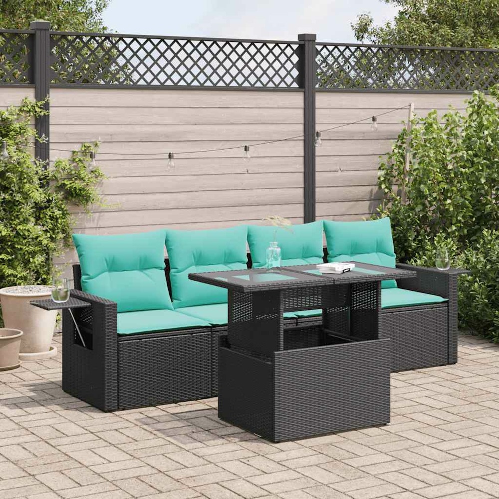 Salon de jardin avec coussins 5pcs noir résine tressée acacia