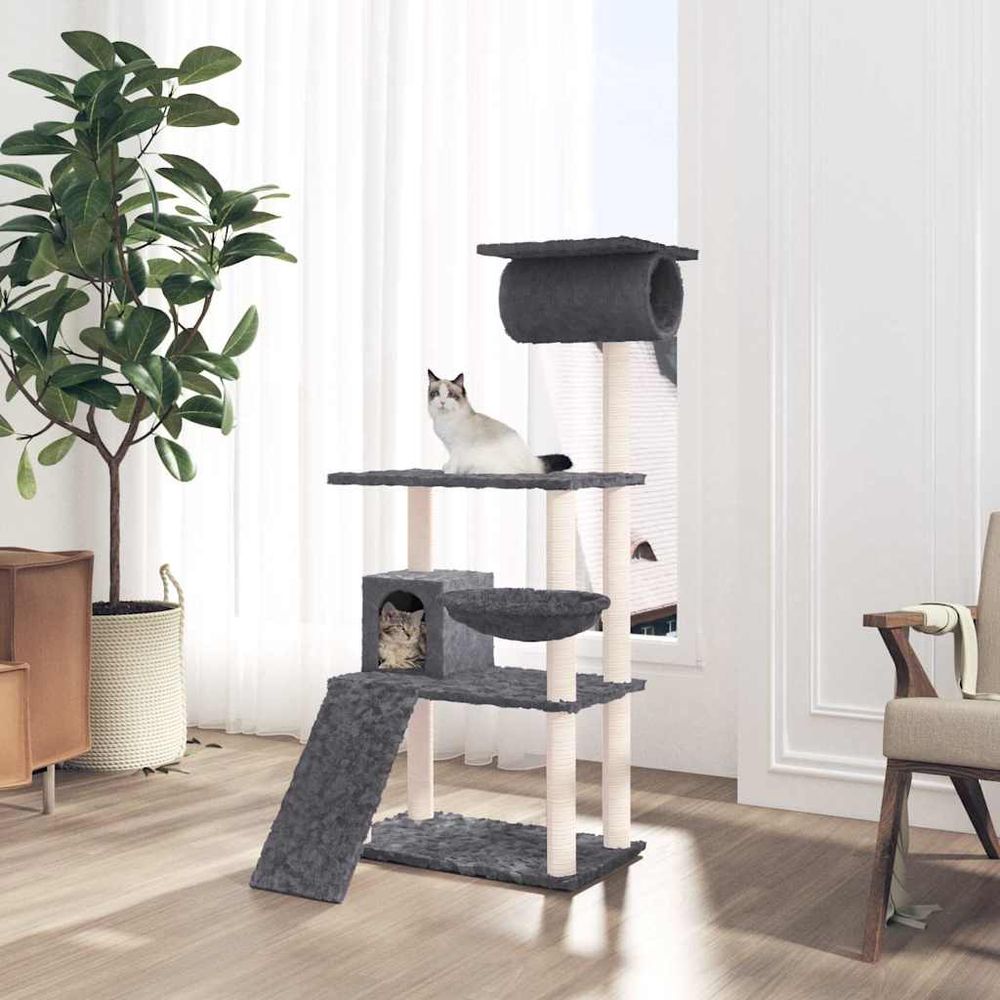 Arbre à chat multi-niveaux en sisal avec niche et hamac pour chats gris foncé 131 cm