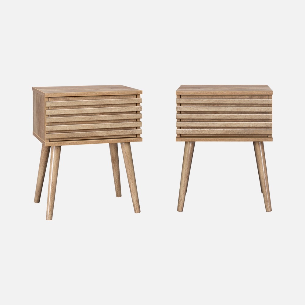 Lot de deux table de chevet style scandinave effet bois avec tiroir rainuré et pieds compas