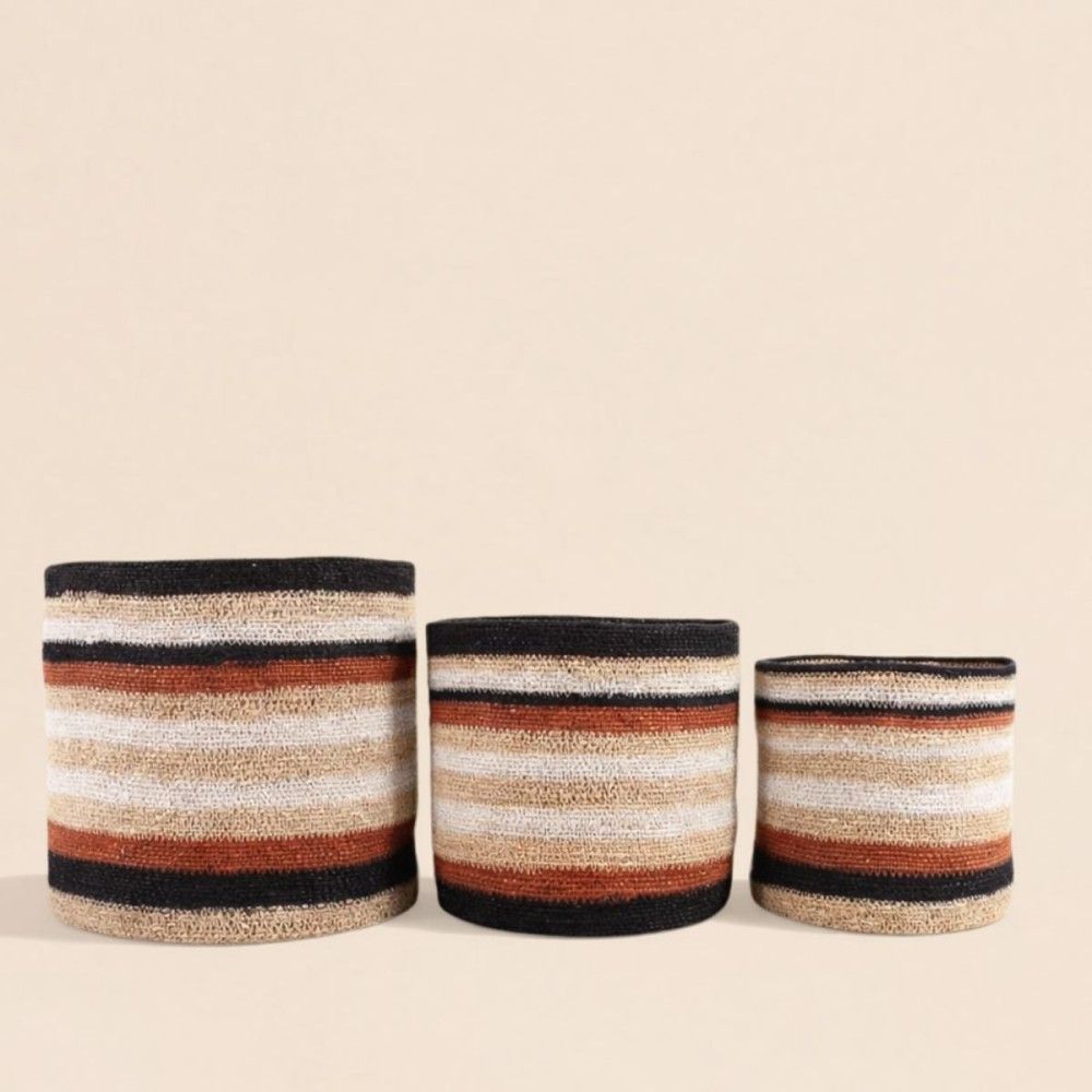 Set de 3 paniers rayé beige, marron en herbes marines