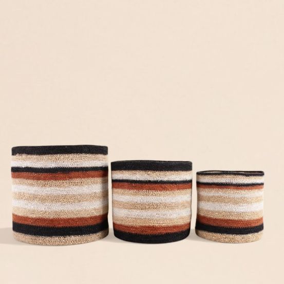 Set de 3 paniers rayé beige, marron en herbes marines