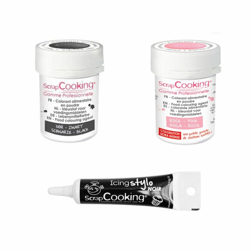 2 colorants alimentaires noir-rose poudré + stylo glaçage noir