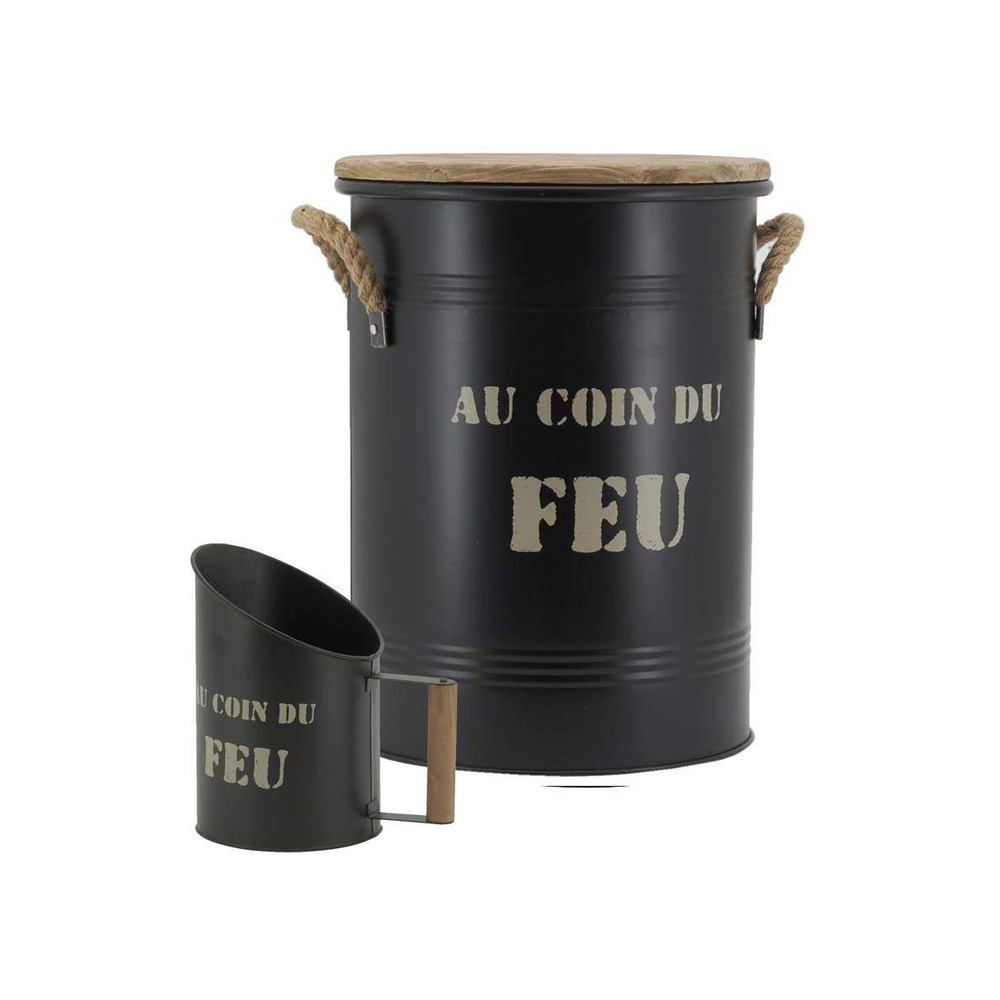 Tabouret et seau à pellets avec pelle au coin du feu métal laqué au coin du feu