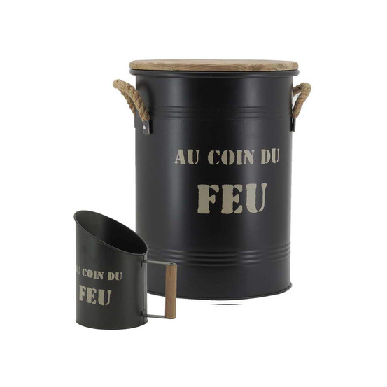 Tabouret et seau à pellets avec pelle au coin du feu métal laqué au coin du feu