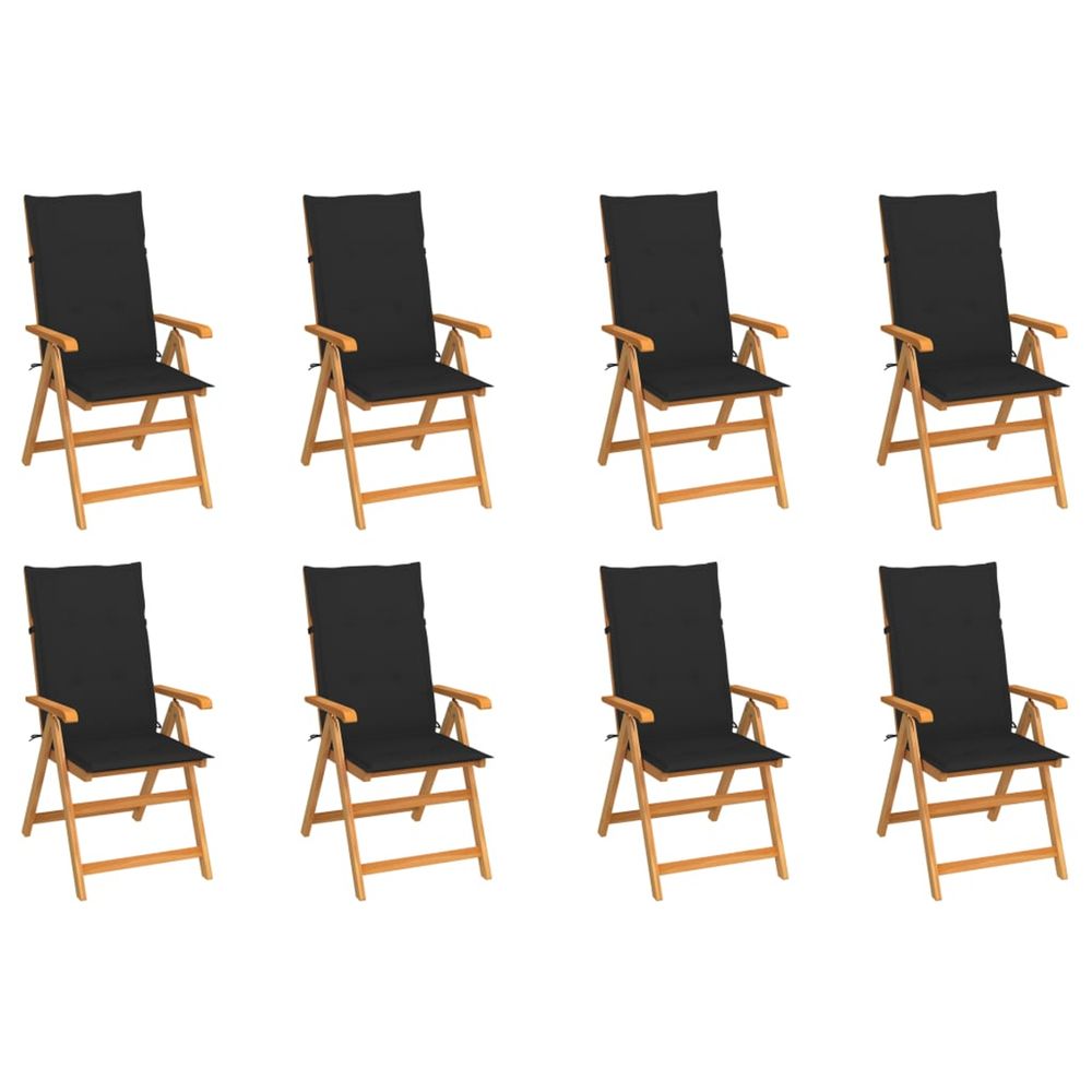 Fauteuils pliants inclinables avec coussins, 8 pièces, en teck massif
