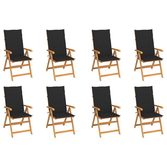Fauteuils pliants inclinables avec coussins, 8 pièces, en teck massif