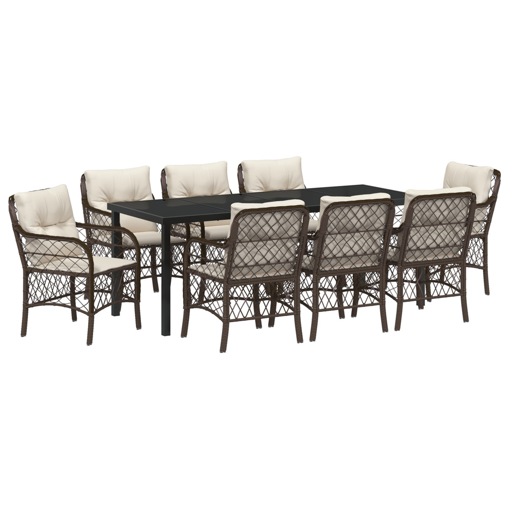 Ensemble de salle à manger de jardin 9 pièces avec coussins en poly rattan marron