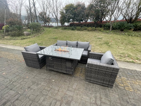 Meubles à manger de jardin pe rotin 4 places ave canapé table de foyer à gaz 2 chaise mélange gris foncé