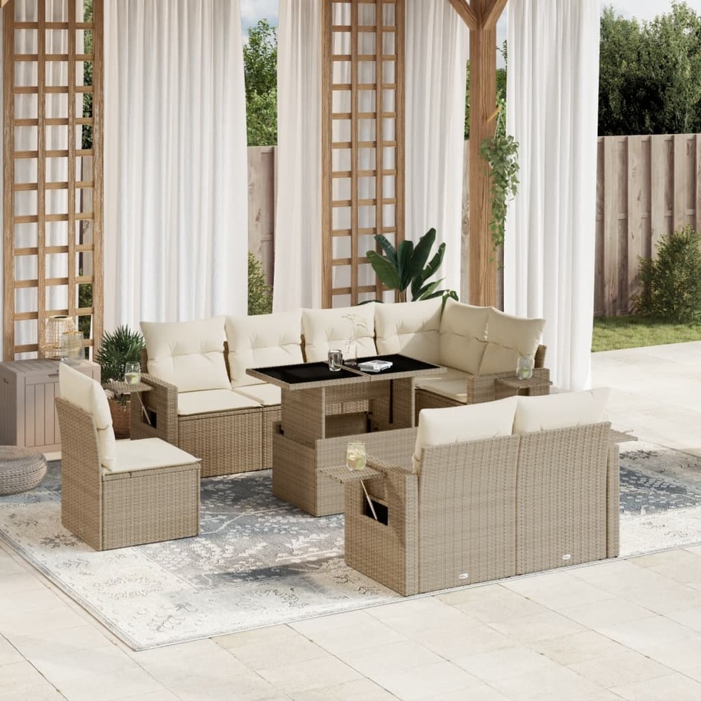 Salon de jardin avec coussins 9 pcs beige résine tressée