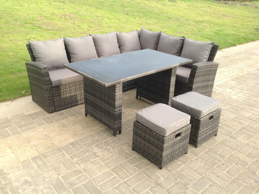 High back gris mixte rotin coin canapé table à manger avec tabouret 8 places coin droit