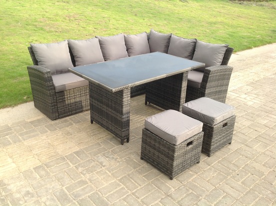 High back gris mixte rotin coin canapé table à manger avec tabouret 8 places coin droit