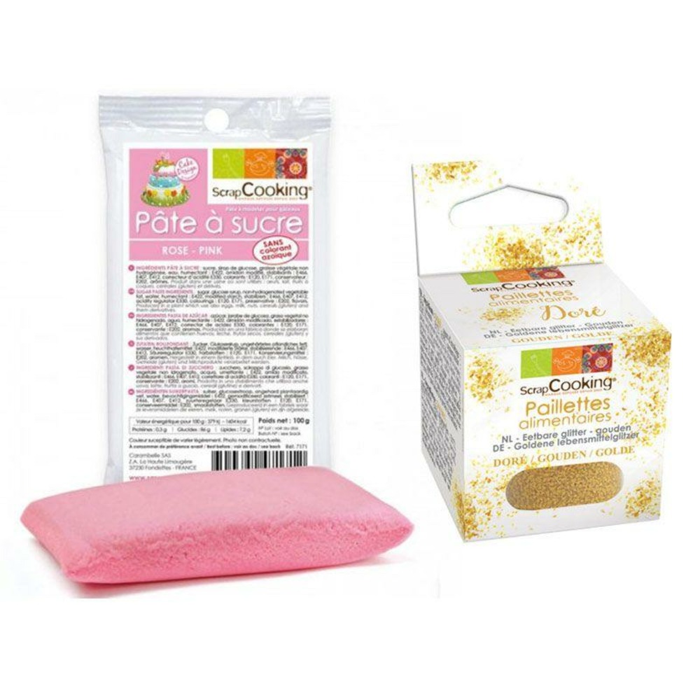 Pâte à sucre rose 100 g + paillettes dorées