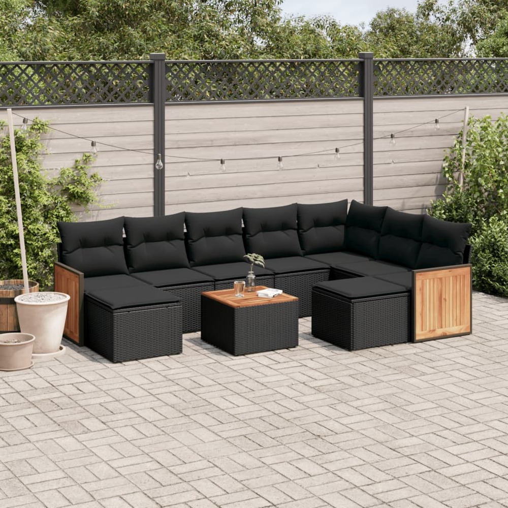 Salon de jardin 10 pcs avec coussins noir résine tressée