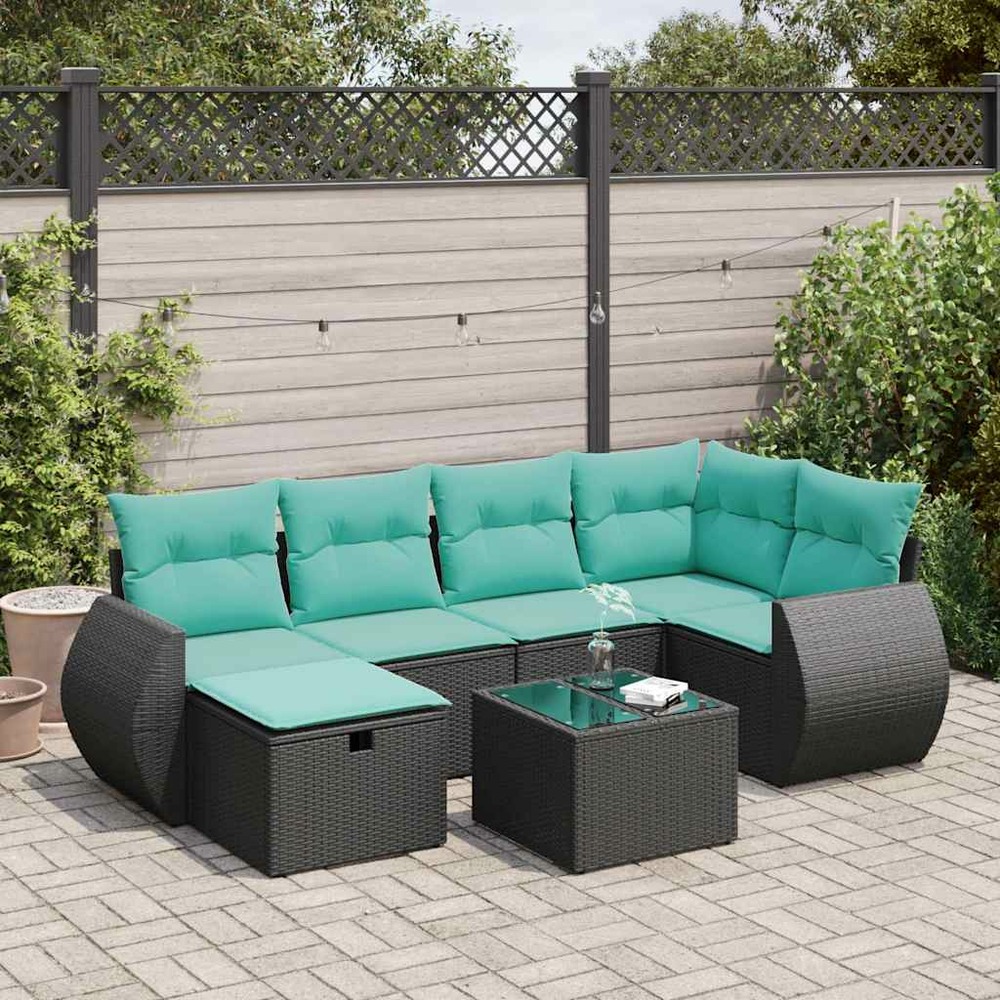 Salon de jardin 7 pcs avec coussins noir résine tressée