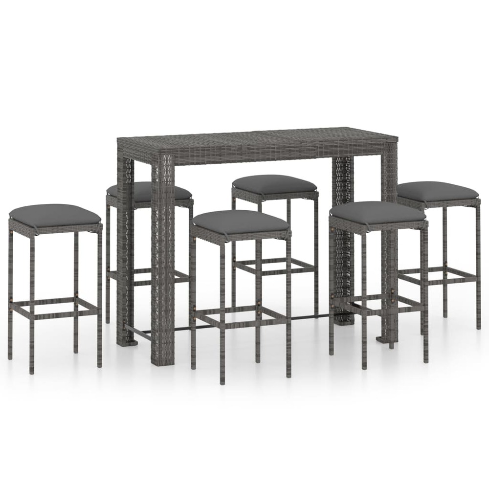 Ensemble de bar de jardin 7 pcs et coussins résine tressée gris