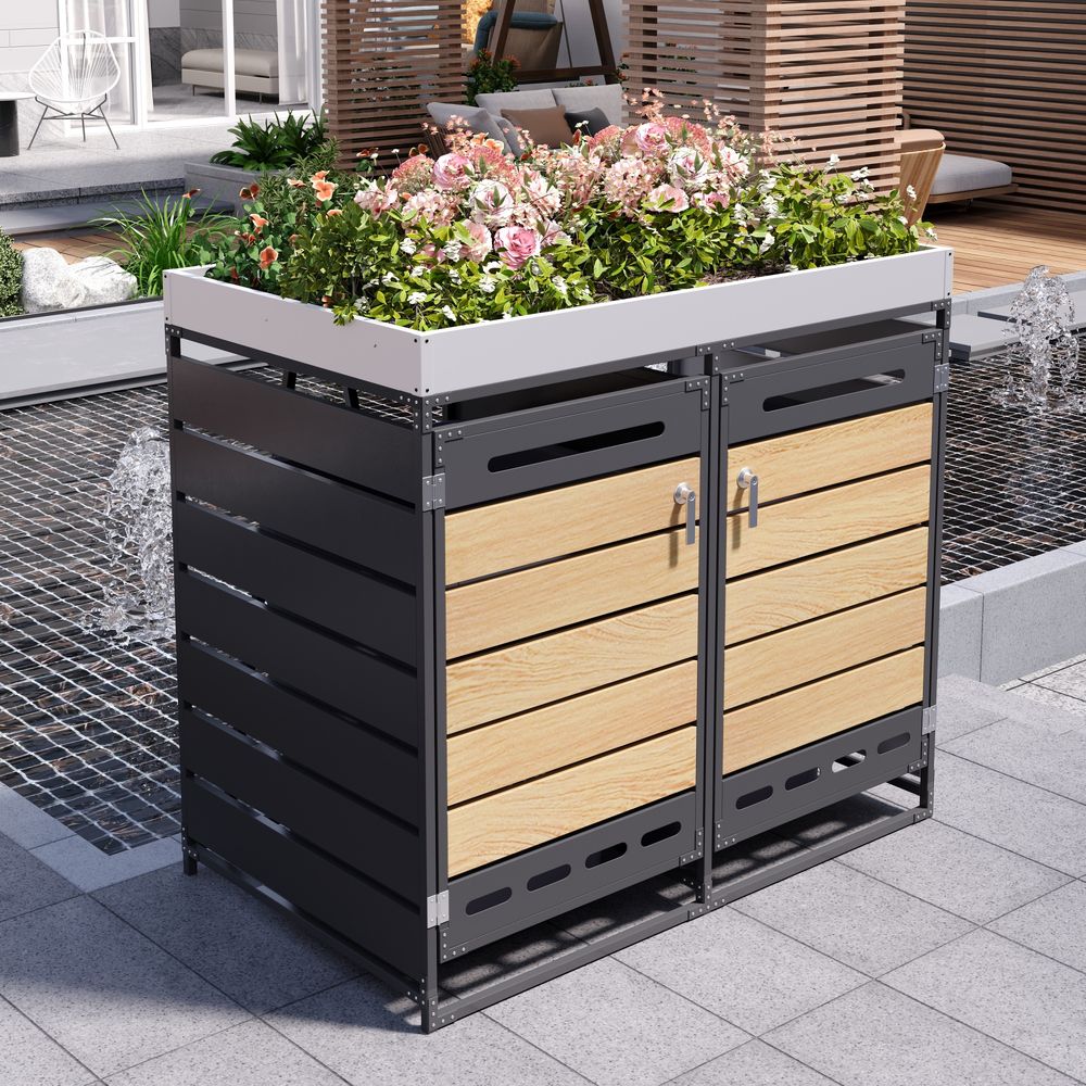 Cache-poubelle double métal jardin avec jardinière intégrée 131x79x120cm noir - comfortxl outdoor living