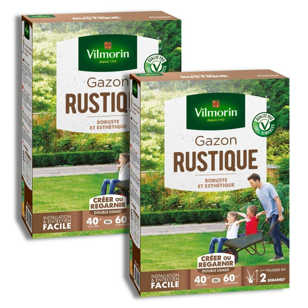 Lot 2 boites gazon rustique 2 x 1kg : semences 4n, pelouse ultra-résistante et d