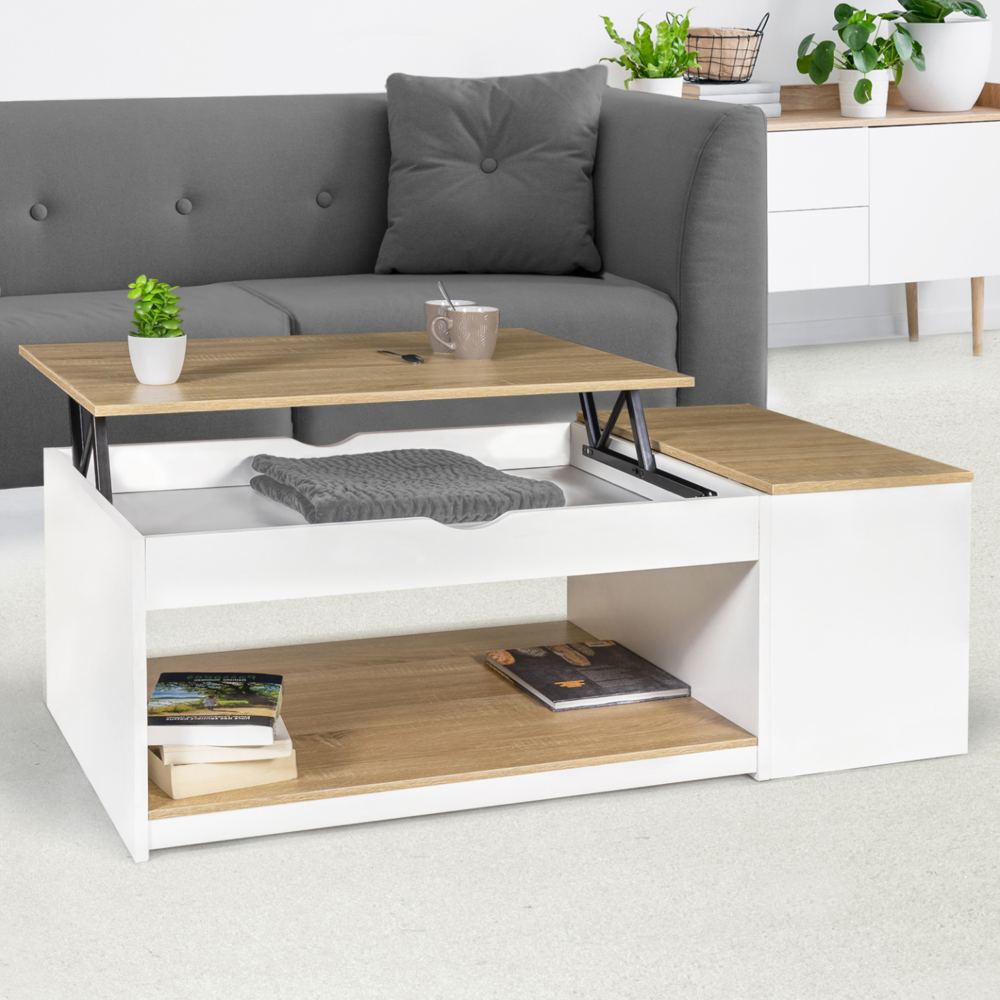 Table basse plateau relevable rectangulaire elea avec coffre bois blanc et façon hêtre