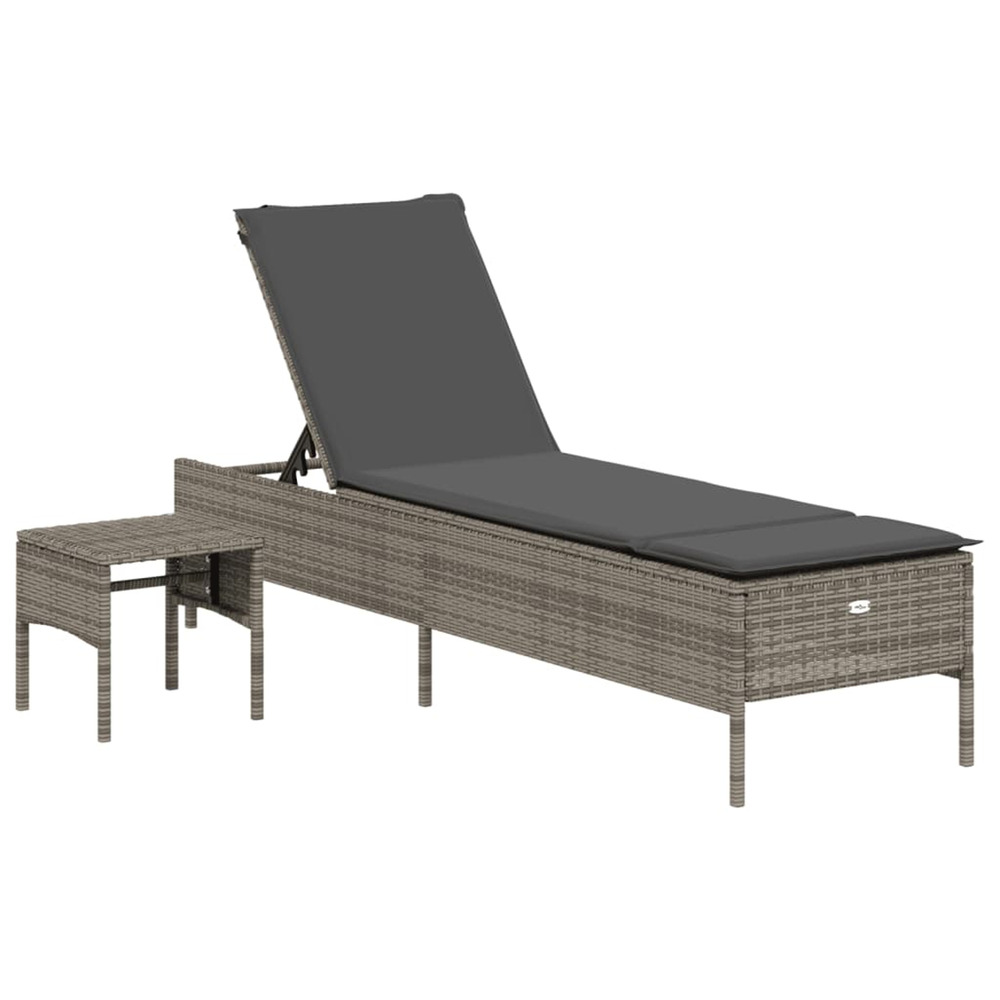 Chaise longue avec table et coussin gris résine tressée bain de soleil