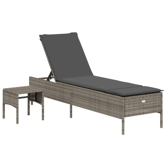 Chaise longue avec table et coussin gris résine tressée bain de soleil