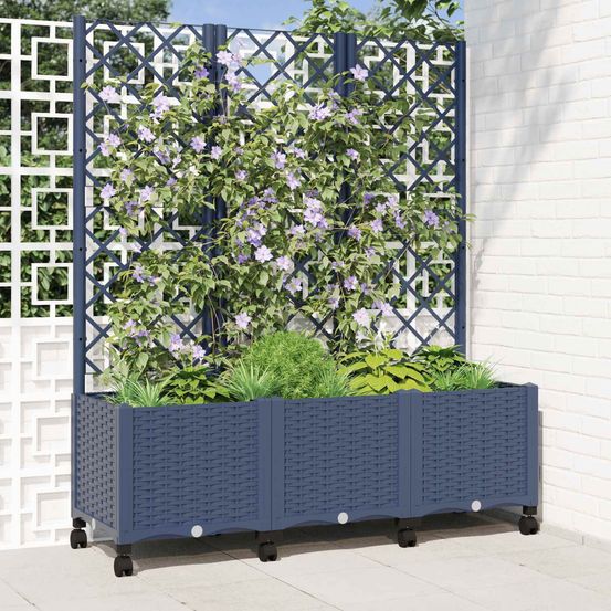 Jardinière extérieur pp avec treillis sur roues pour plantes 120x40x146cm gris bleu