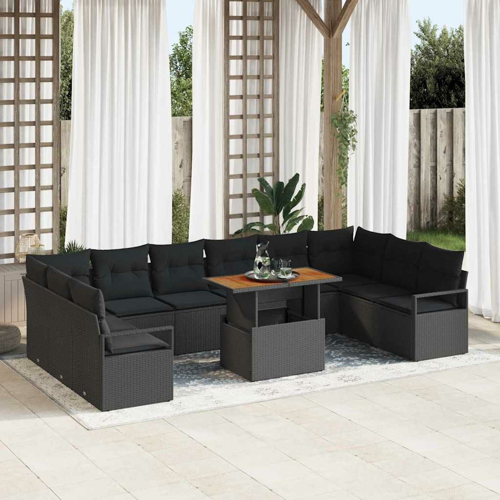 Ensemble de canapé de jardin 11 pcs noir poly rotin