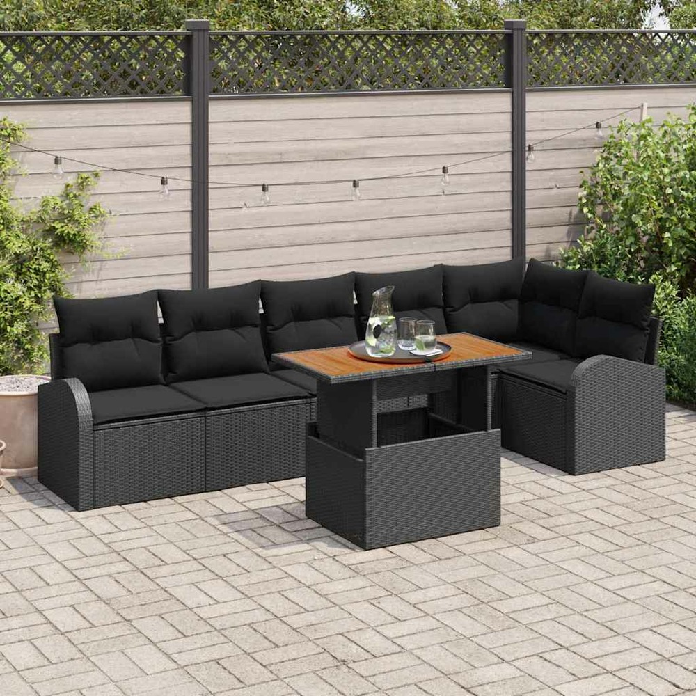Ensemble de canapé de jardin 7 pcs noir poly rotin